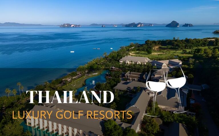 Scenic view of a pristine golf course at one of the luxury golf resorts in Thailand, featuring lush fairways, manicured greens, and a serene resort backdrop.